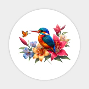 An oriental dwarf kingsfisher decorated with beautiful colorful flowers. Magnet